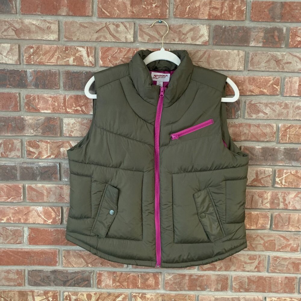 Arizona Olive Green & Pink Girls Juniors Full Zip X-Large Y2K Lined Puffer Vest - Picture 2 of 12